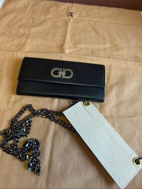 Salvatore Ferragamo Black Safiano Leather Wallet with Gunmetal Chain and Gancini